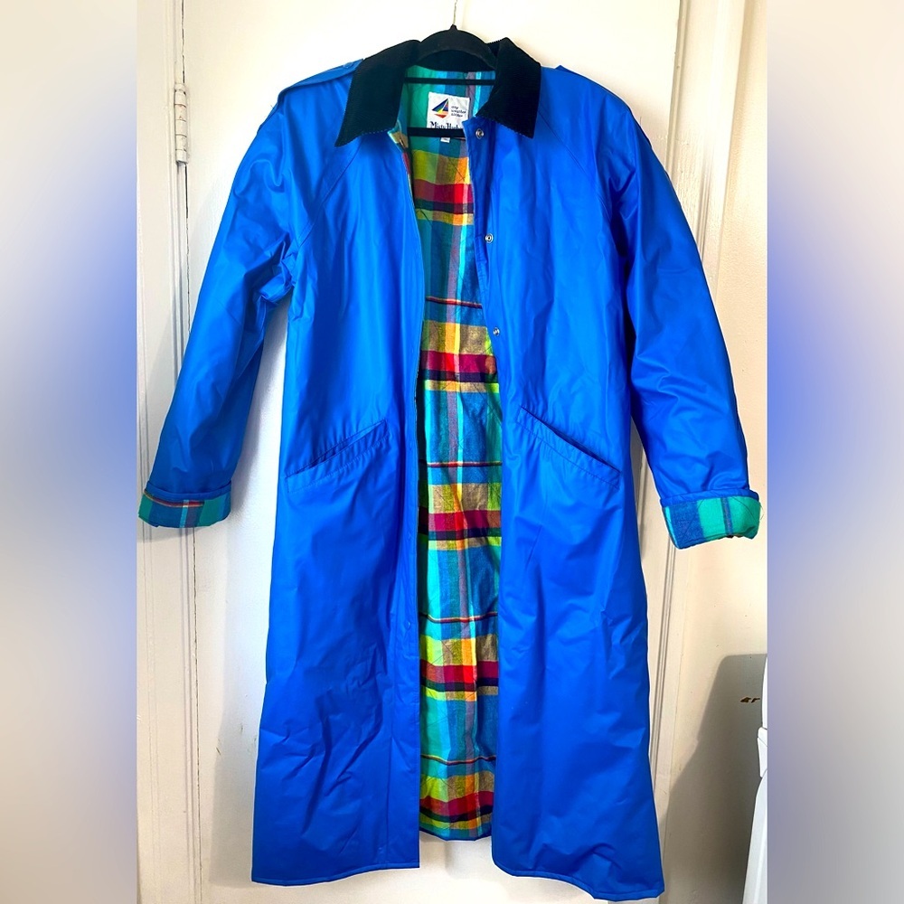 Vintage Misty Harbor Plaid Blue Long Rain Coat Slicker